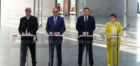 Markus Söder, (CSU), Bavarian premier and CSU chairman; Friedrich Merz, CDU/CSU chancellor candidate and CDU federal chairman; Lars Klingbeil, SPD parliamentary group and federal chairman; and Saskia Esken, SPD federal chairwoman, take part in a press conference following the exploratory talks between the CDU/CSU bloc and the SPD in the Bundestag. 