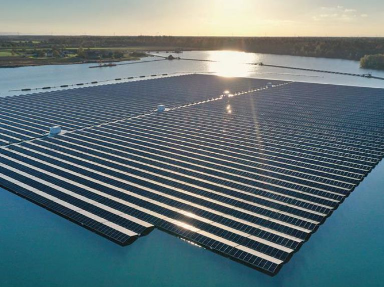 Floating solar plant on Philippsee lake near Bad Schönborn in Baden. 