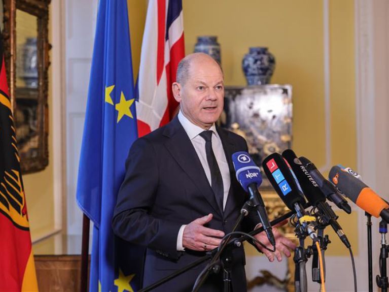 German Chancellor Olaf Scholz following summit in London