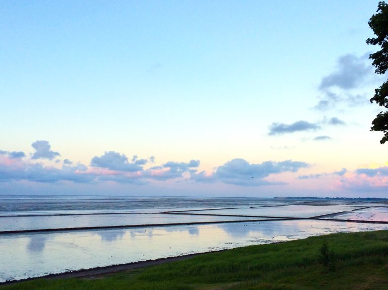 Sylt Adası kıyısında Wattenmeer’de (su basar kıyılarda) gün batımı