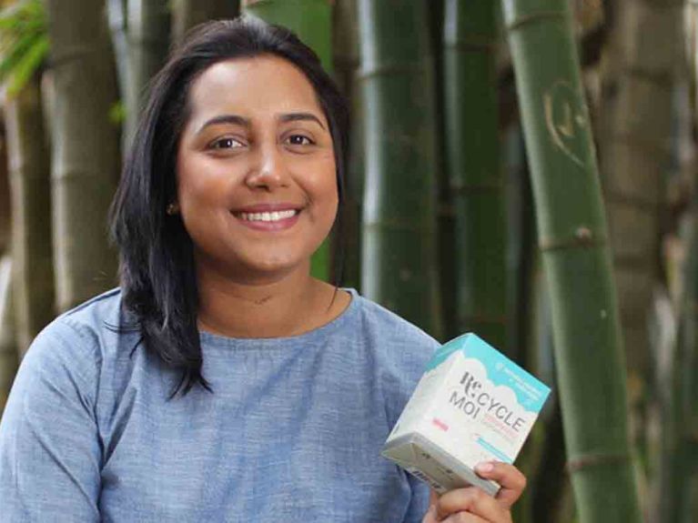 Lalita Junggee with the first sustainable menstrual pads in Mauritius