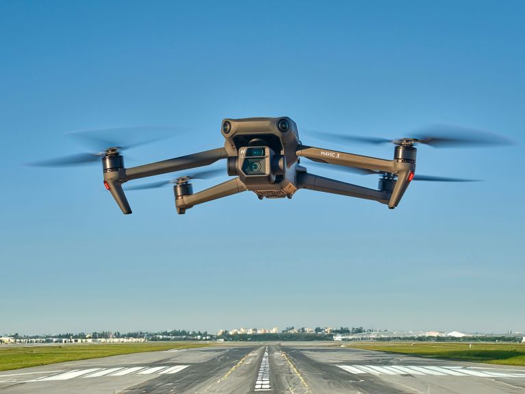 A drone in flight. A drone in flight.