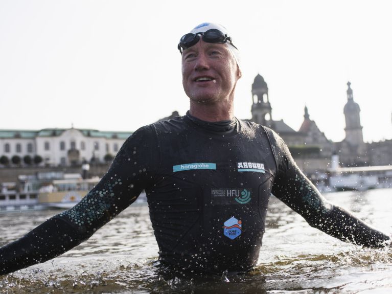 Andreas Fath swimming the length of the Elbe river in 2024 Andreas Fath swimming the length of the Elbe river in 2024